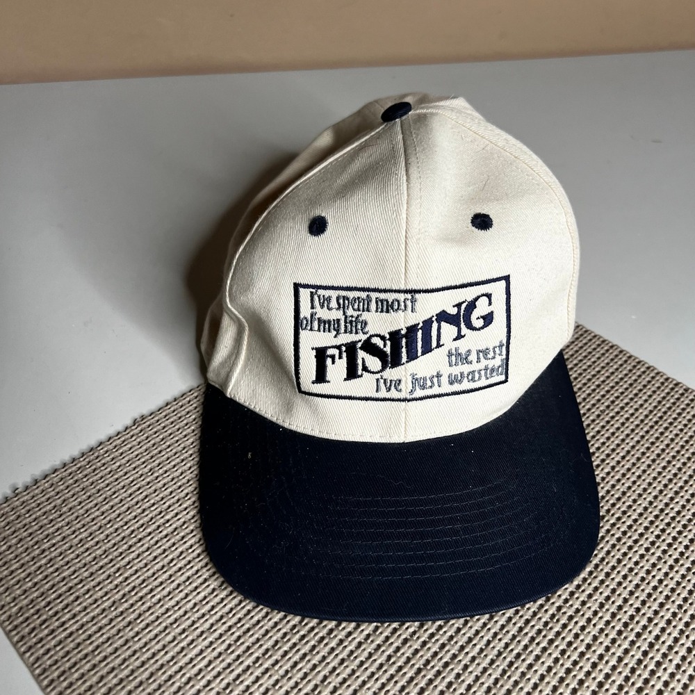KC Caps Fishing Humor Snapback Hat Cream Navy‎ Blue Vintage Style Novelty Hat